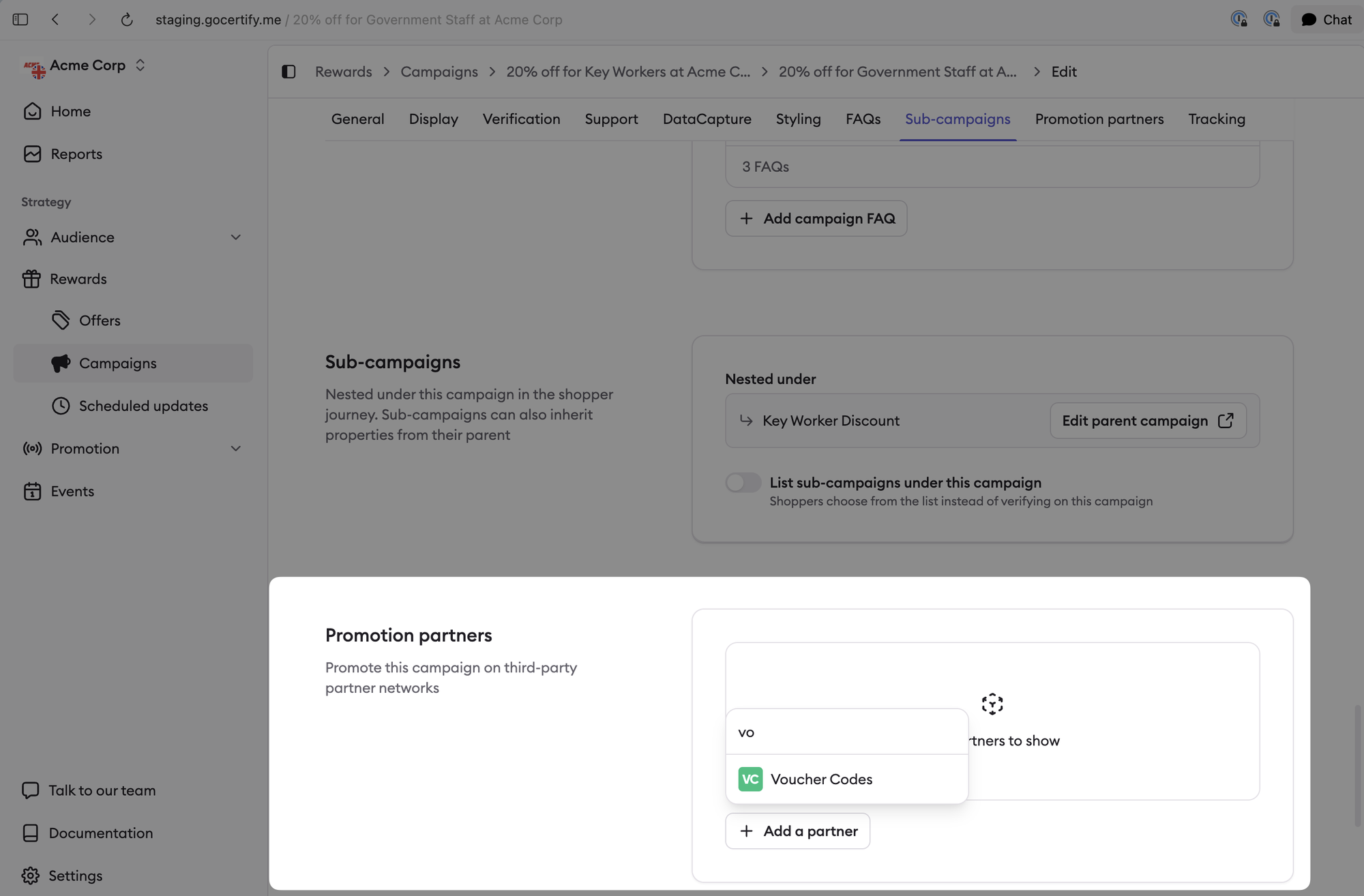 Promotion partners tab with the partner search open