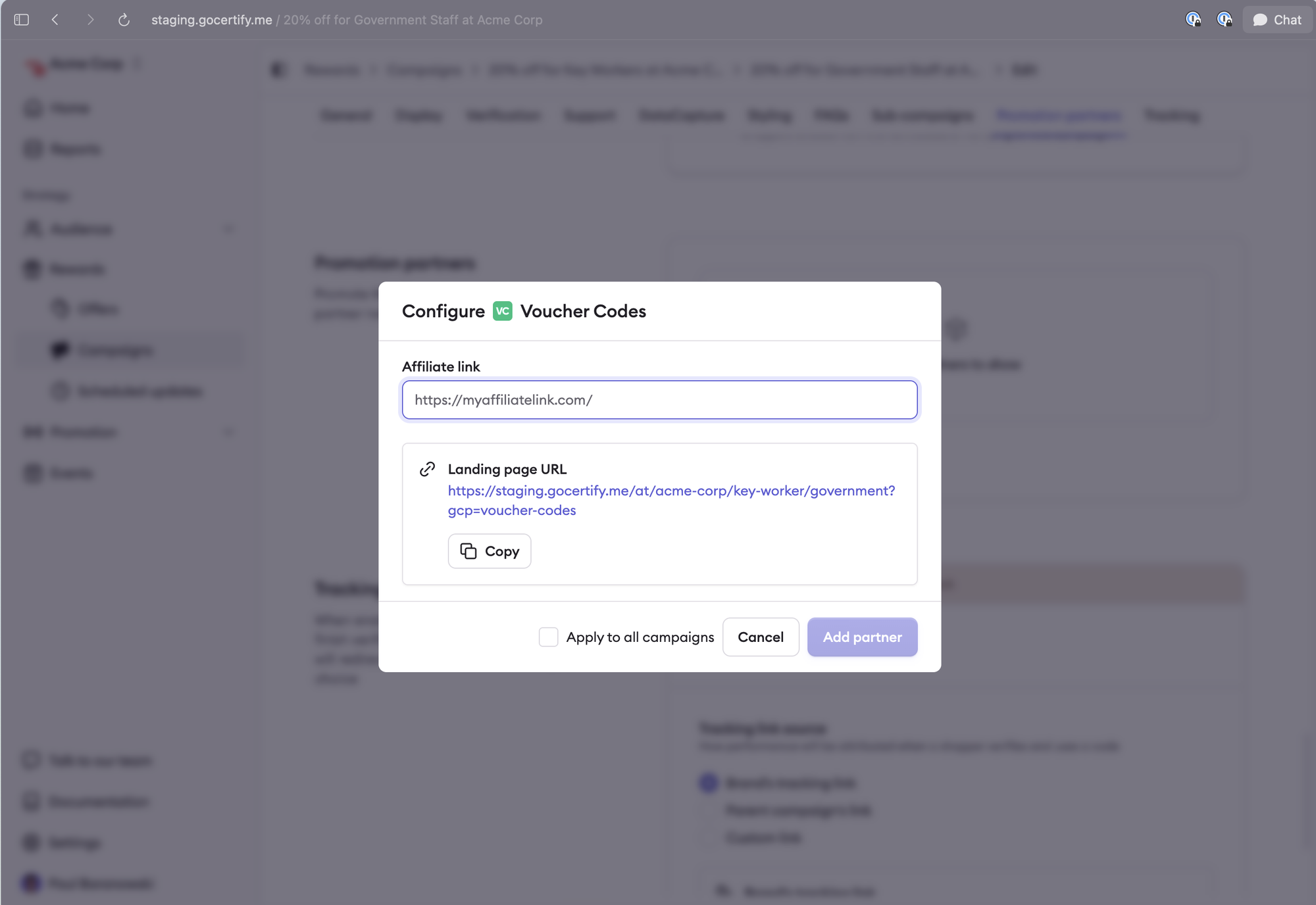Configure partner dialog showing the affiliate link field and the generated landing page URL