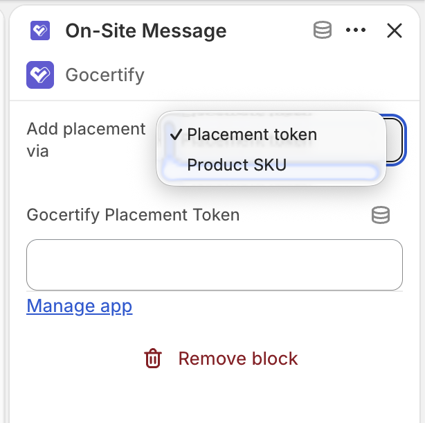 On-Site Message block settings with the Add placement via dropdown