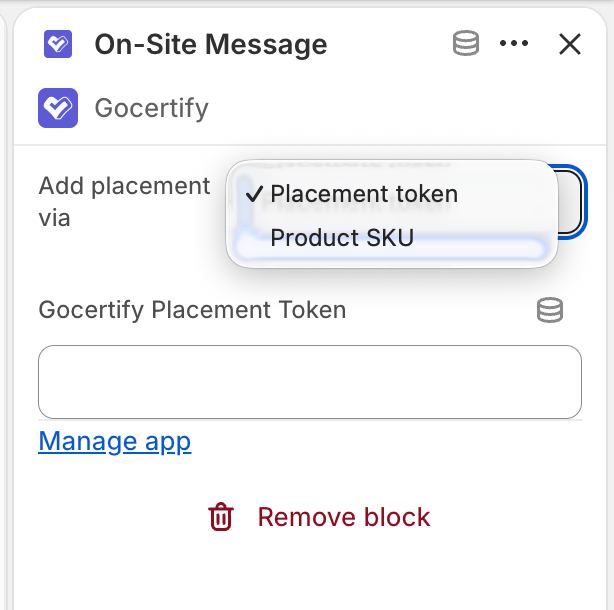 On-Site Message block settings with the Add placement via dropdown