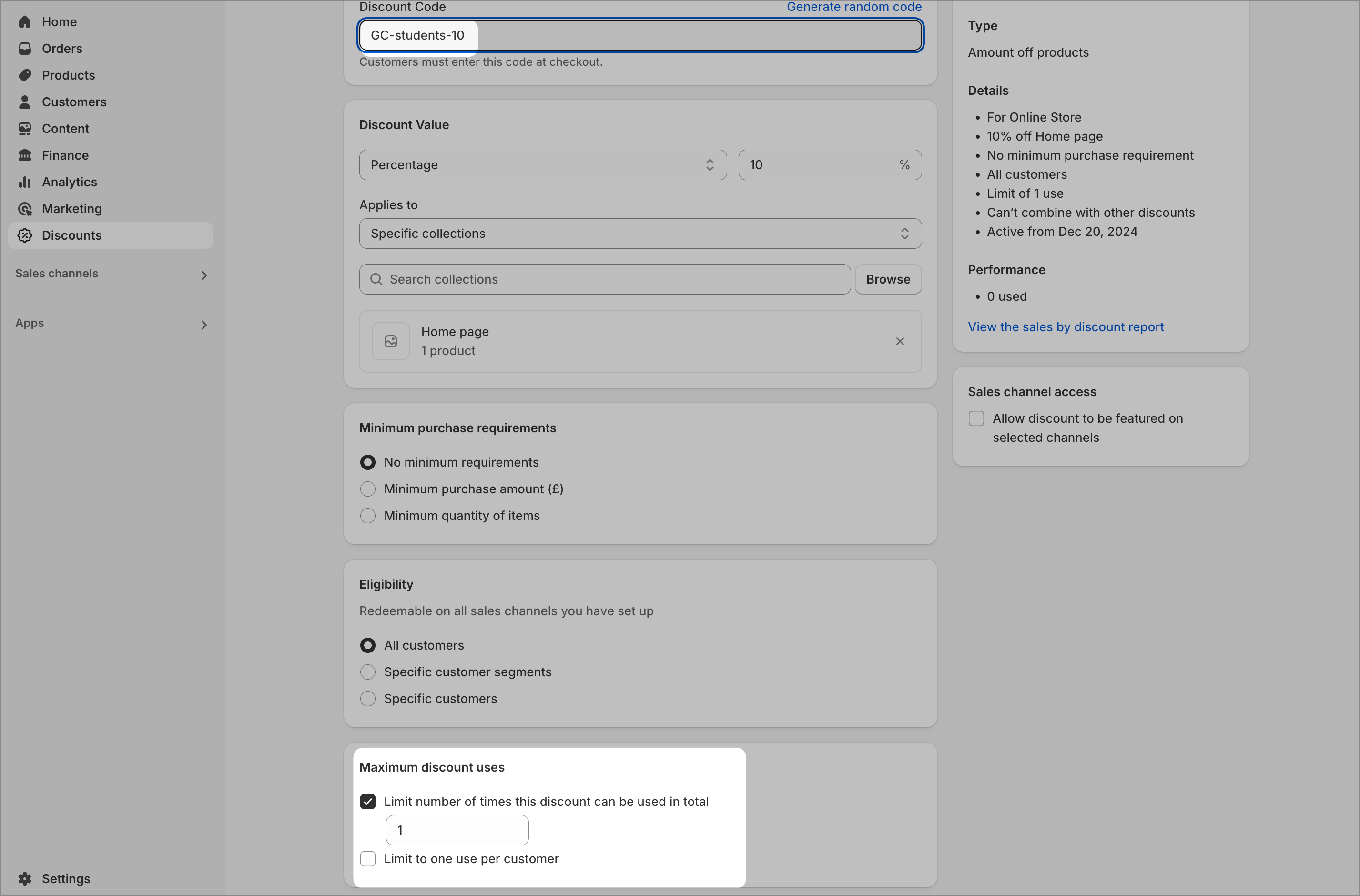 Shopify discount settings