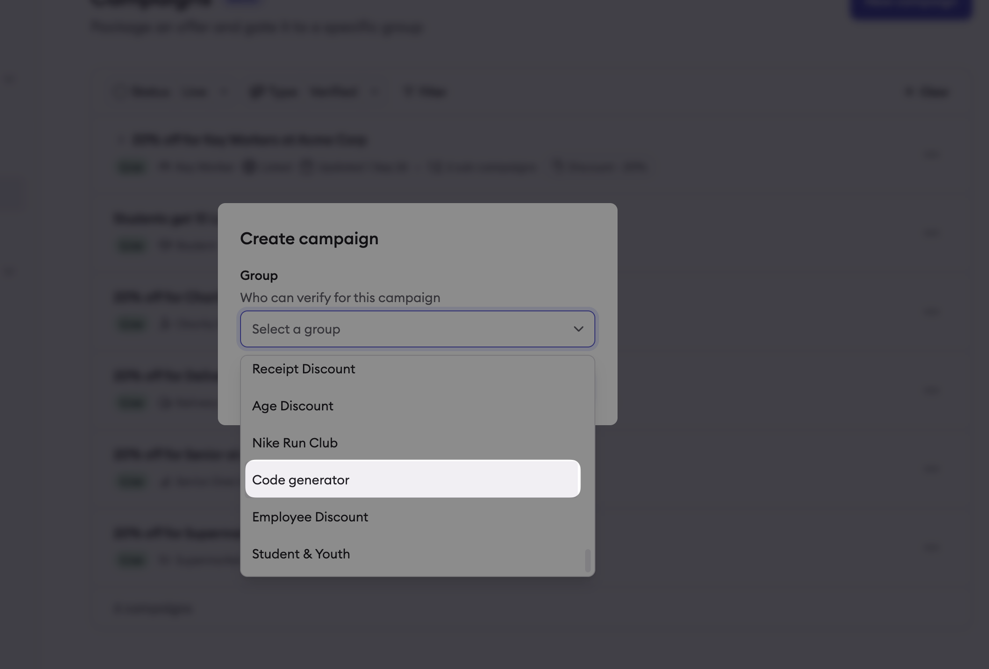 Create campaign dialog with Code generator selected in the Group dropdown