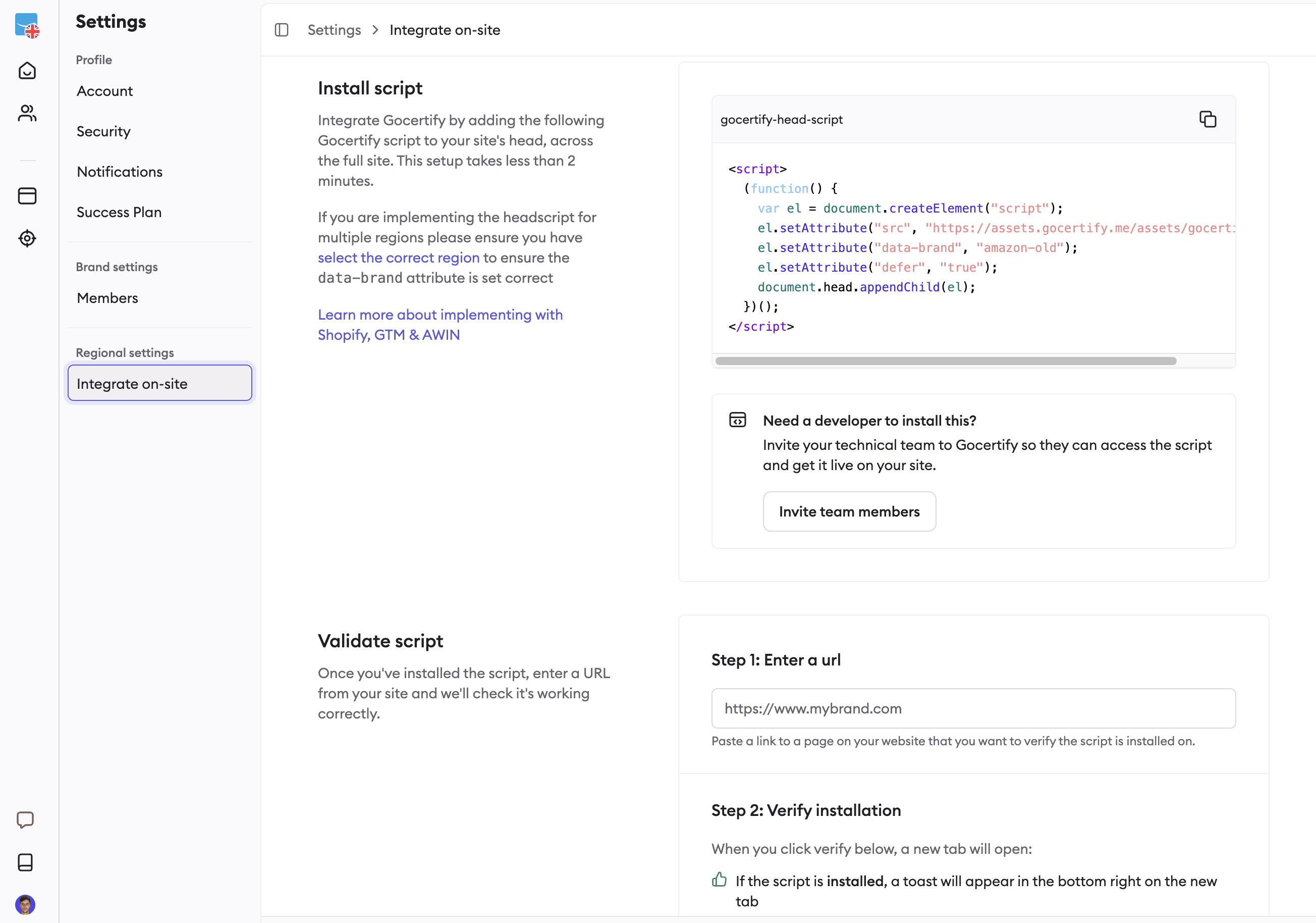 Integrate on-site settings page