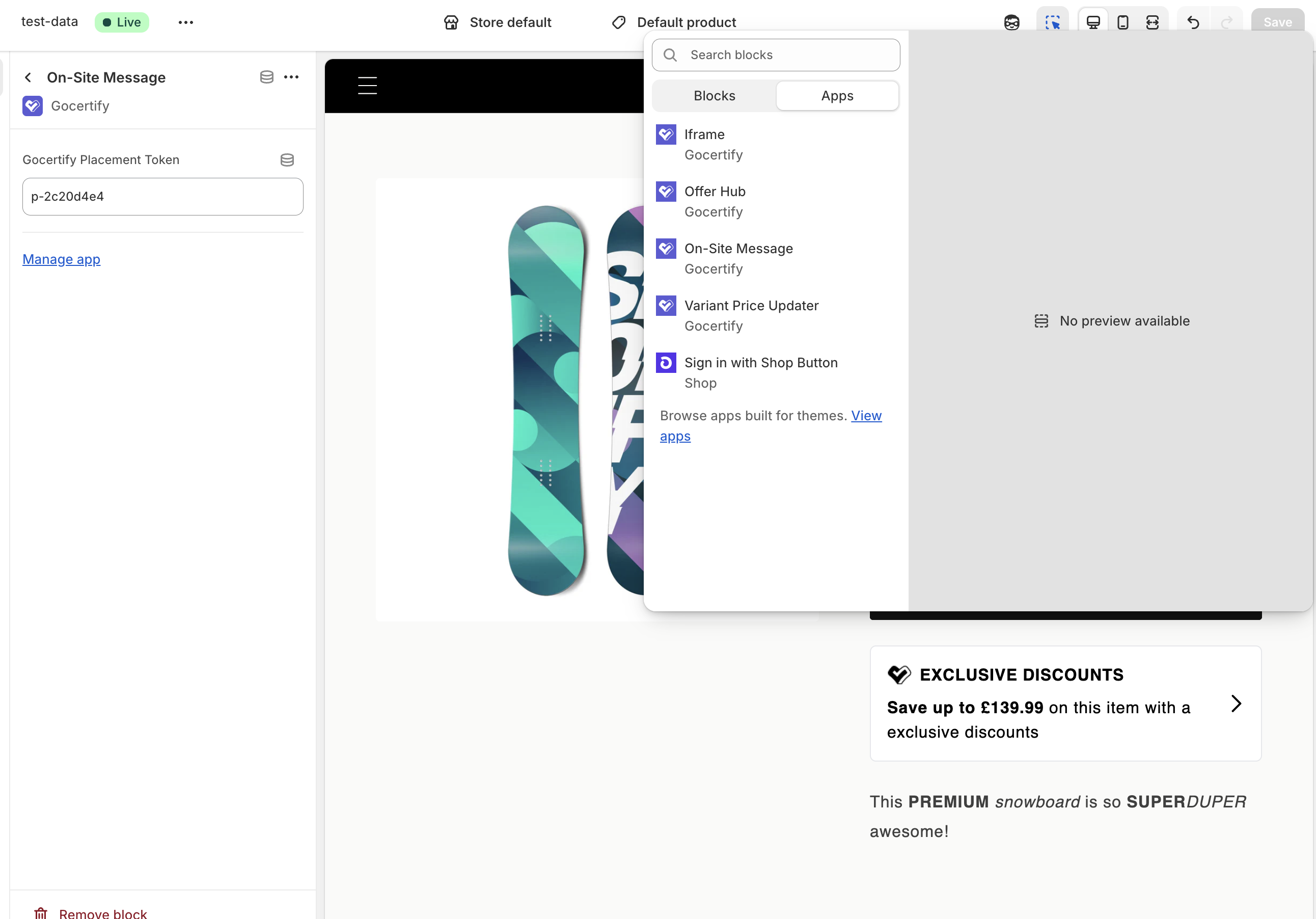 Gocertify blocks in Shopify theme editor