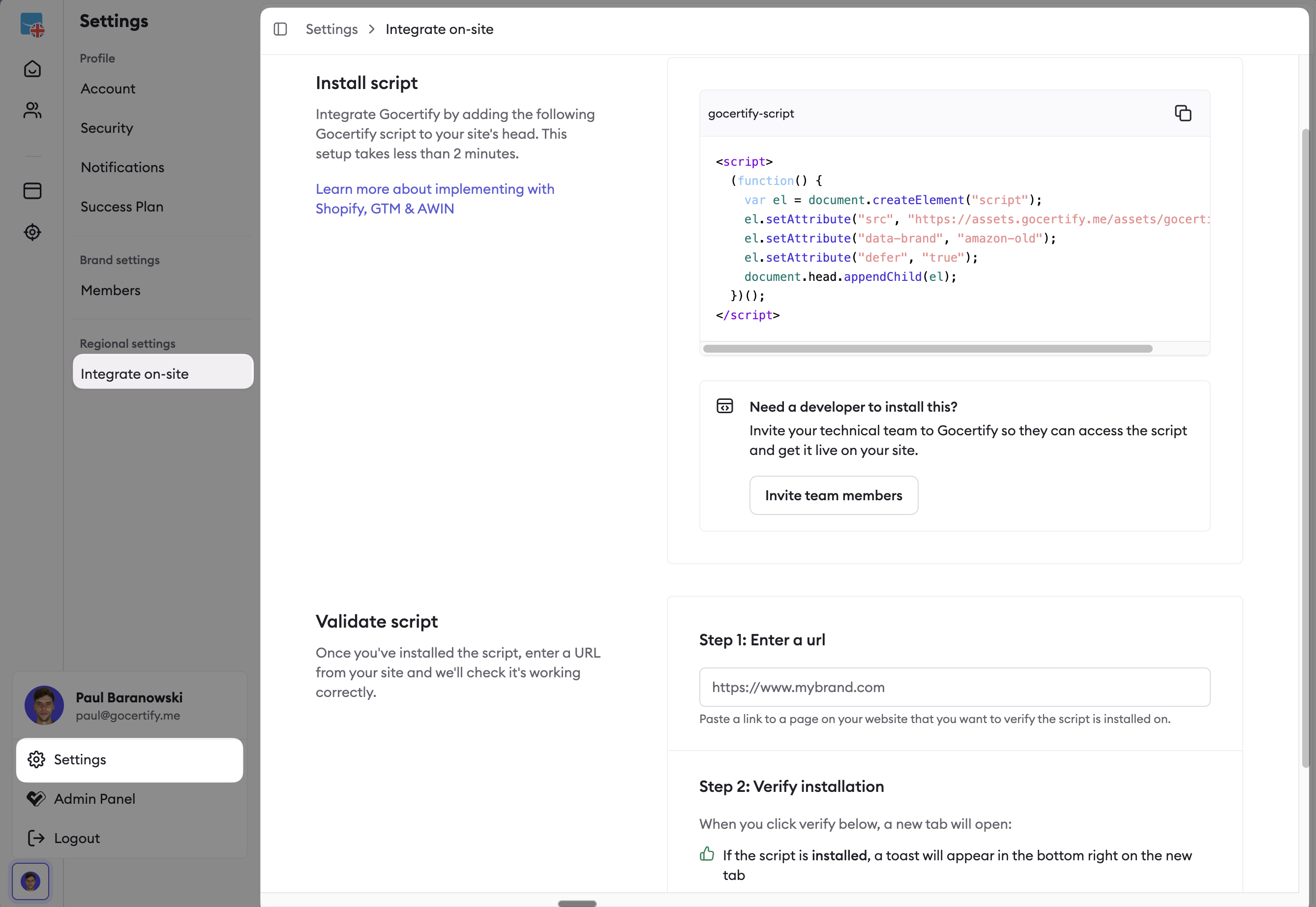 Integrate on-site settings page