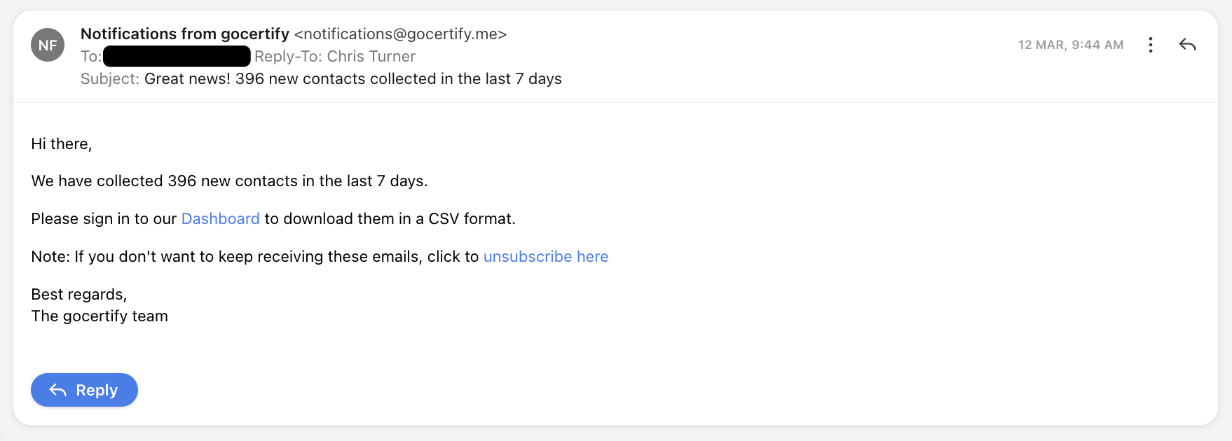 Notification email for CSV