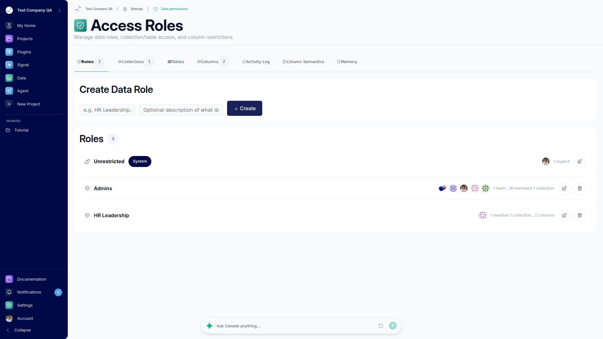 The Access Roles management page with tabs for Roles, Collections, Tables, and Fields, a Create Data Role form, and a list of existing data roles.