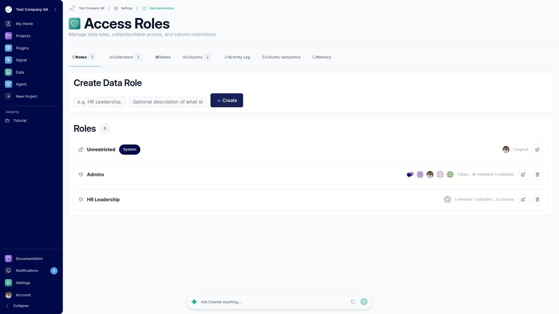 The Access Roles management page with tabs for Roles, Collections, Tables, and Fields, a Create Data Role form, and a list of existing data roles.