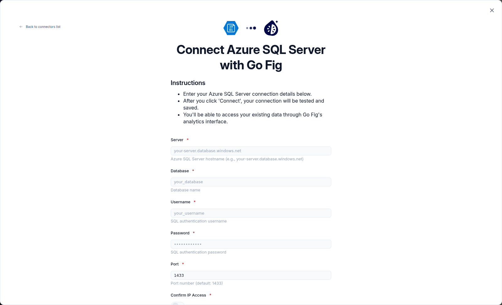 The Azure SQL connection form with Server, Database, Username, Password, and Port fields.