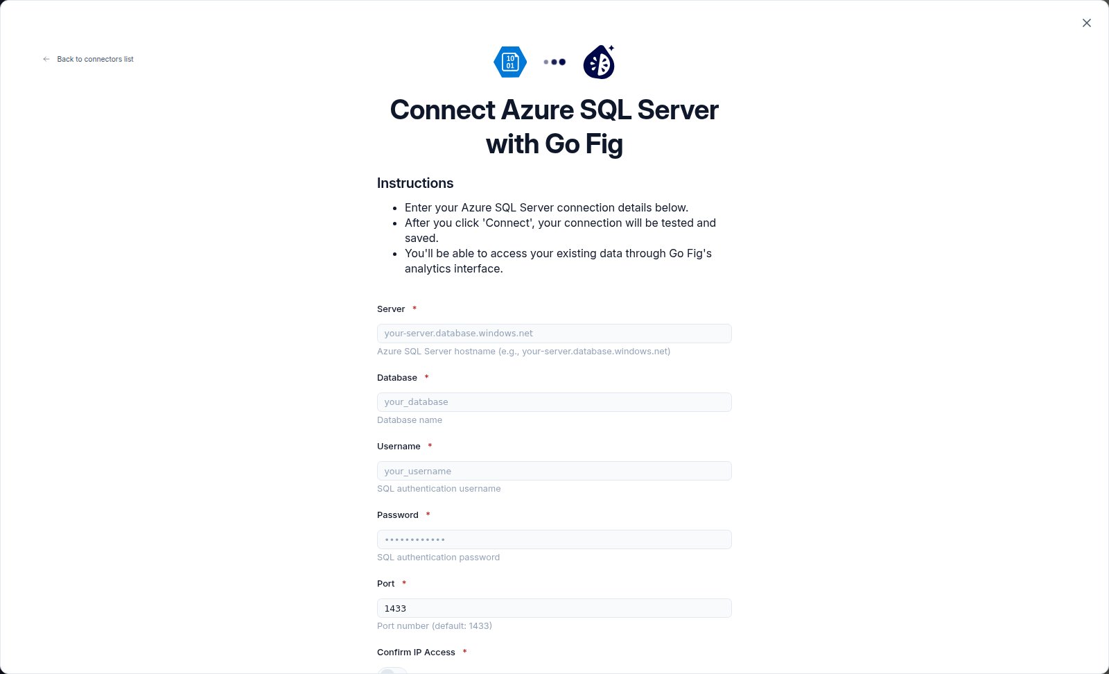 The Azure SQL connection form with Server, Database, Username, Password, and Port fields.