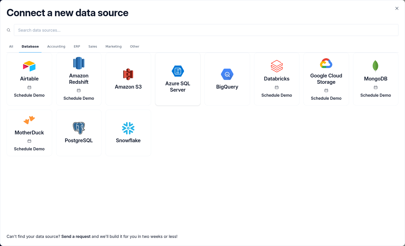The Connect a new data source modal on the Database tab with the Azure SQL Server connector tile highlighted.