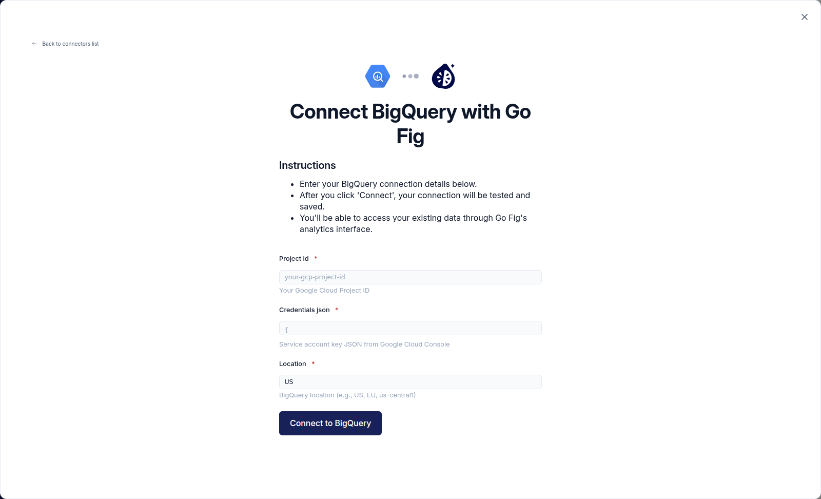 The BigQuery connection form with Project ID, Service Account JSON, and Location fields.