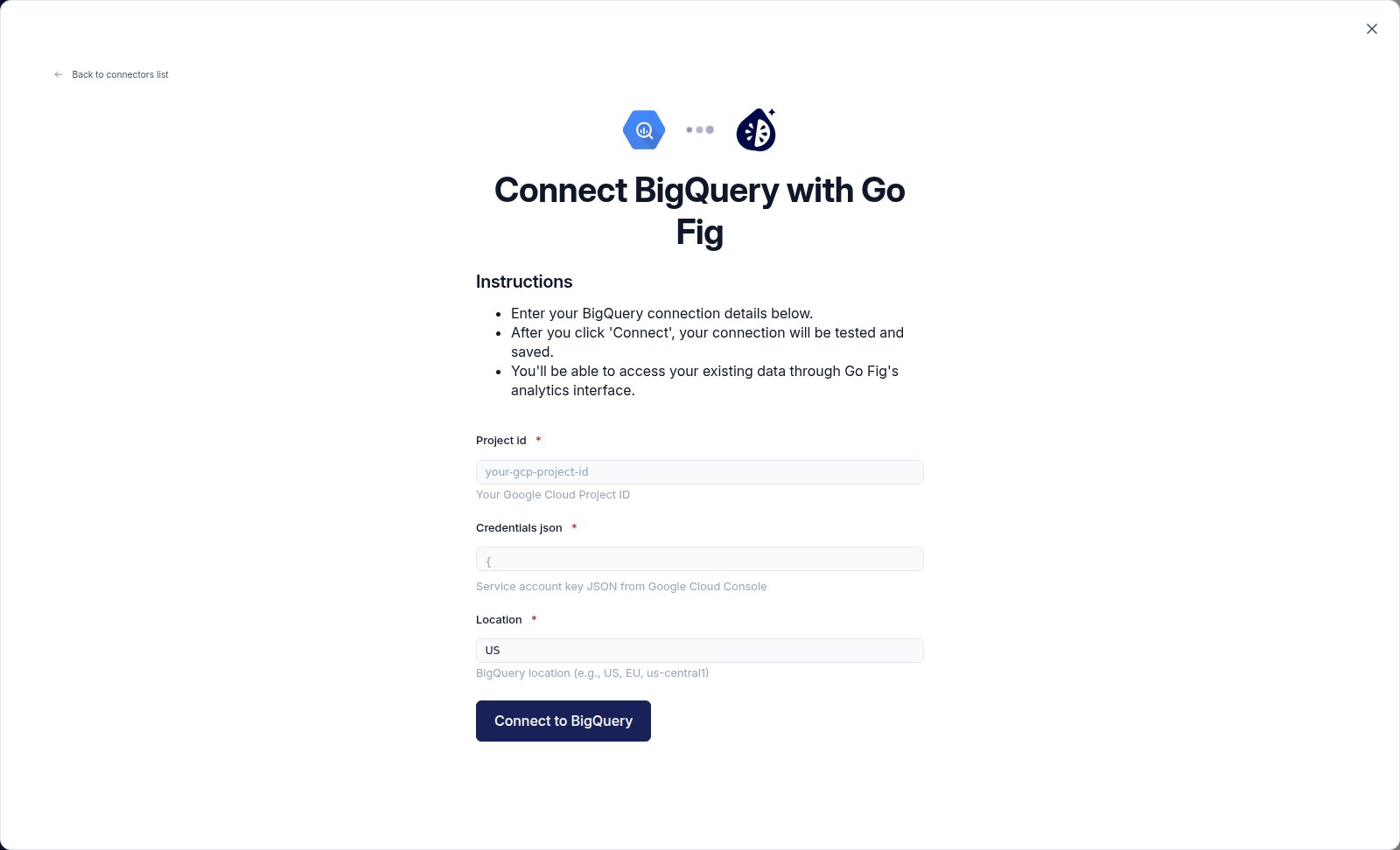 The BigQuery connection form with Project ID, Service Account JSON, and Location fields.