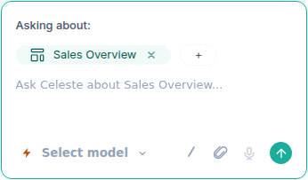 The Celeste message box showing an 'Asking about' context pill for a dashboard, with a remove button and an add-context button.