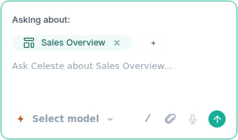 The Celeste message box showing an 'Asking about' context pill for a dashboard, with a remove button and an add-context button.