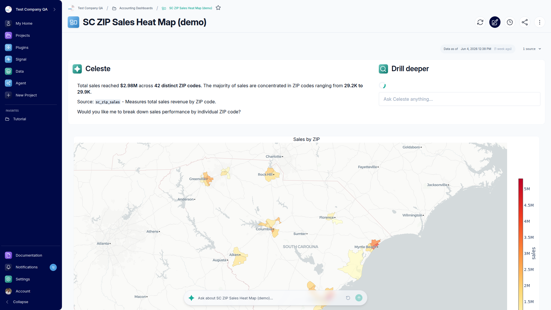 A map chart on a dashboard plotting sales by US ZIP code as a geographic density heatmap with a color scale legend.