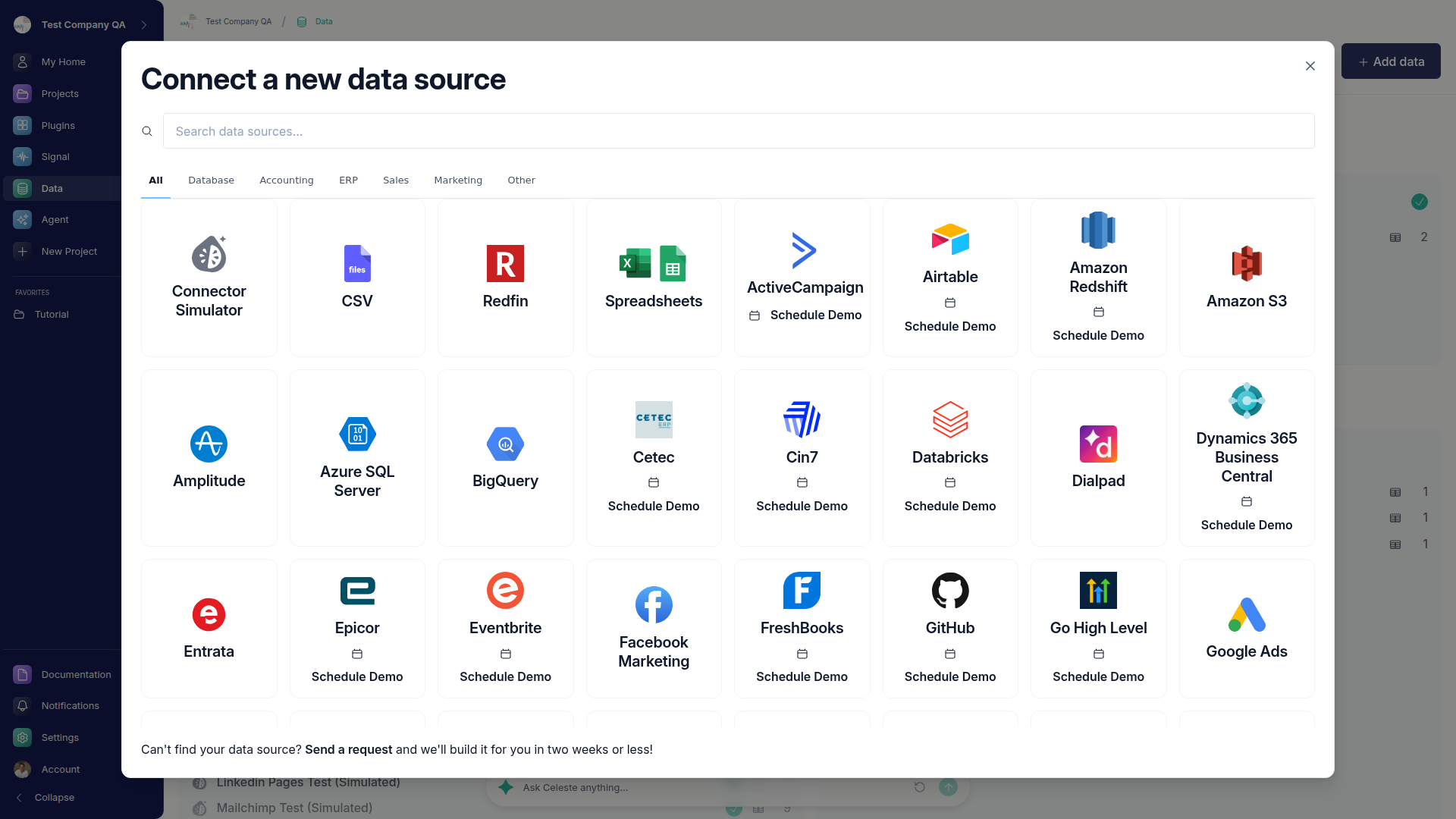 The Connect a new data source modal showing the grid of connector tiles, with tabs for Databases, Accounting, SaaS, Reporting, and more.