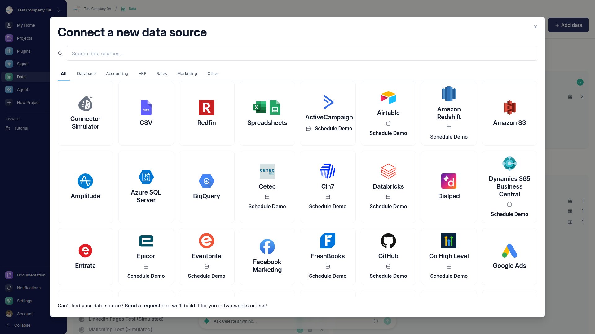 The Connect a new data source modal showing the grid of connector tiles, with tabs for Databases, Accounting, SaaS, Reporting, and more.