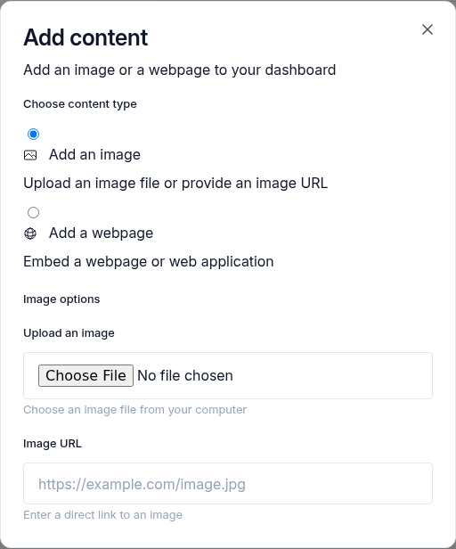 The Add content dialog with options to add an image or embed a webpage, showing the image upload button and image URL field.