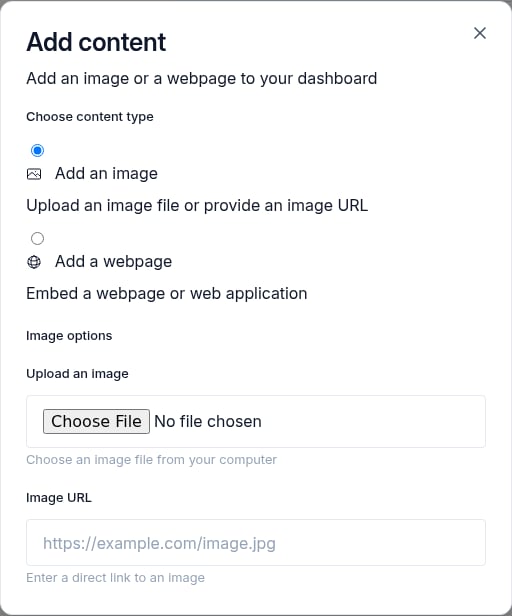 The Add content dialog with options to add an image or embed a webpage, showing the image upload button and image URL field.