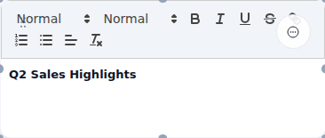 A dashboard text widget in edit mode showing the rich-text toolbar with heading and size dropdowns, bold, italic, underline, strikethrough, list, alignment, and link controls.