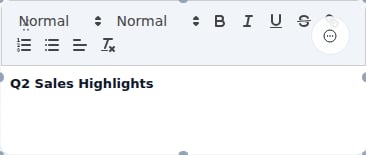 A dashboard text widget in edit mode showing the rich-text toolbar with heading and size dropdowns, bold, italic, underline, strikethrough, list, alignment, and link controls.