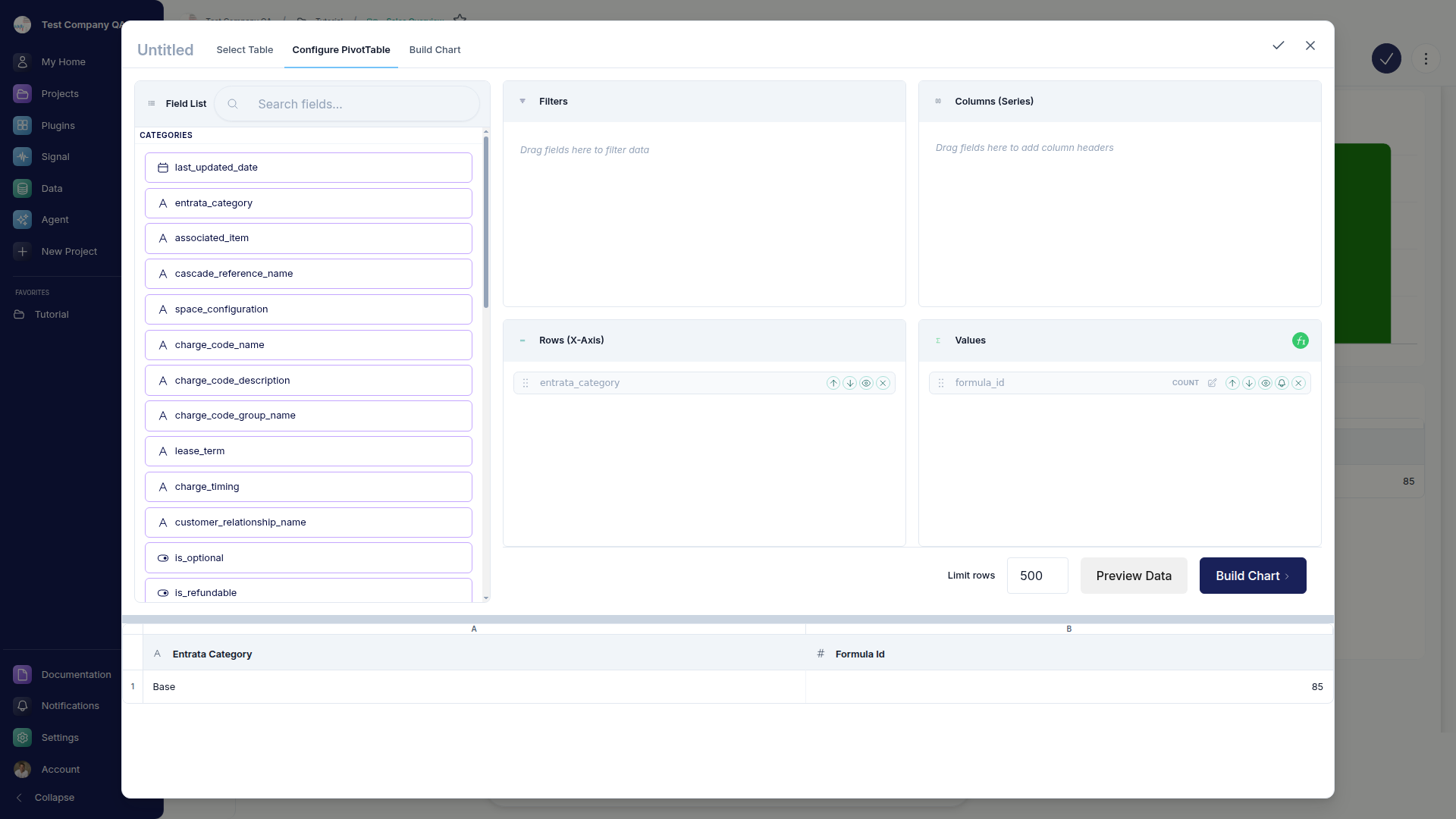 The tile configuration modal on its Configure PivotTable tab, with the Filters, Columns, Rows, and Values bucket grid and a data preview.
