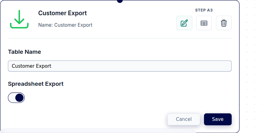 The Save Table node with the Spreadsheet Export toggle turned on, alongside the Virtual Table name field.