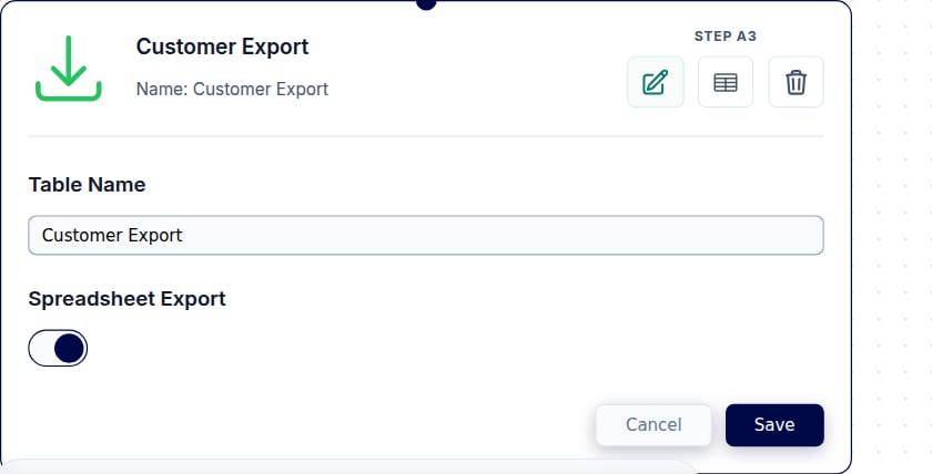 The Save Table node with the Spreadsheet Export toggle turned on, alongside the Virtual Table name field.