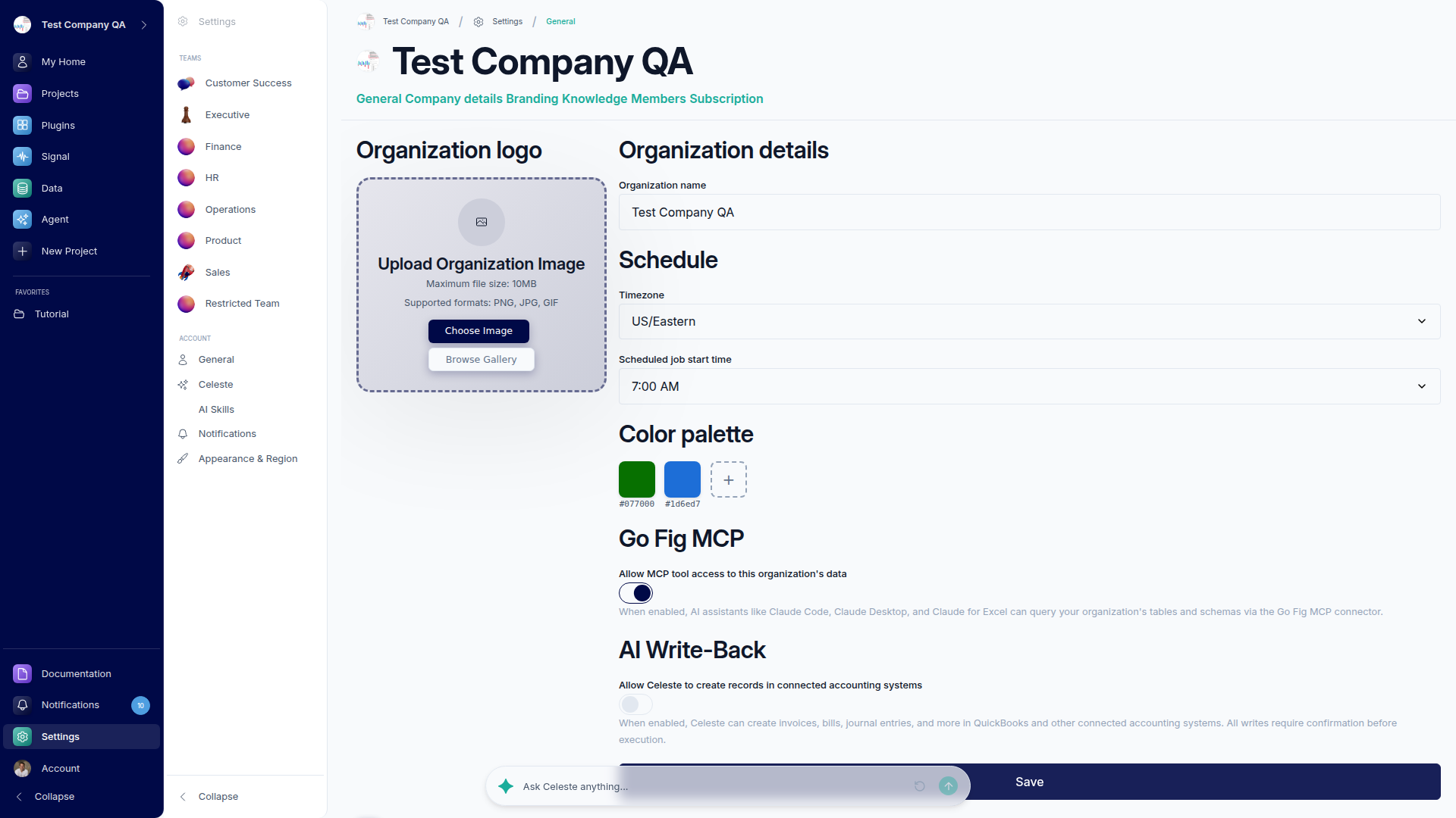 The Go Fig settings area with its own sub-sidebar grouping Org, Teams, and Account settings, showing the Organization details page.