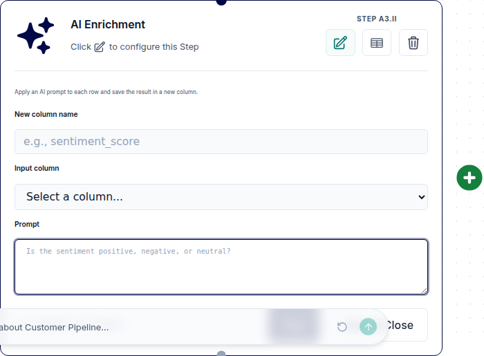 The AI Enrichment node configuration with a new field name field, an input field selector, and a prompt box.