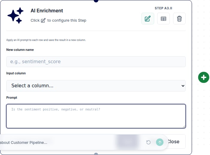 The AI Enrichment node configuration with a new field name field, an input field selector, and a prompt box.