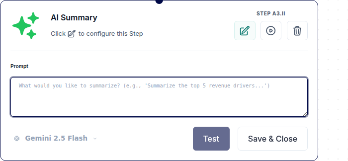 The AI Summary node configuration with a prompt box and a model selector.