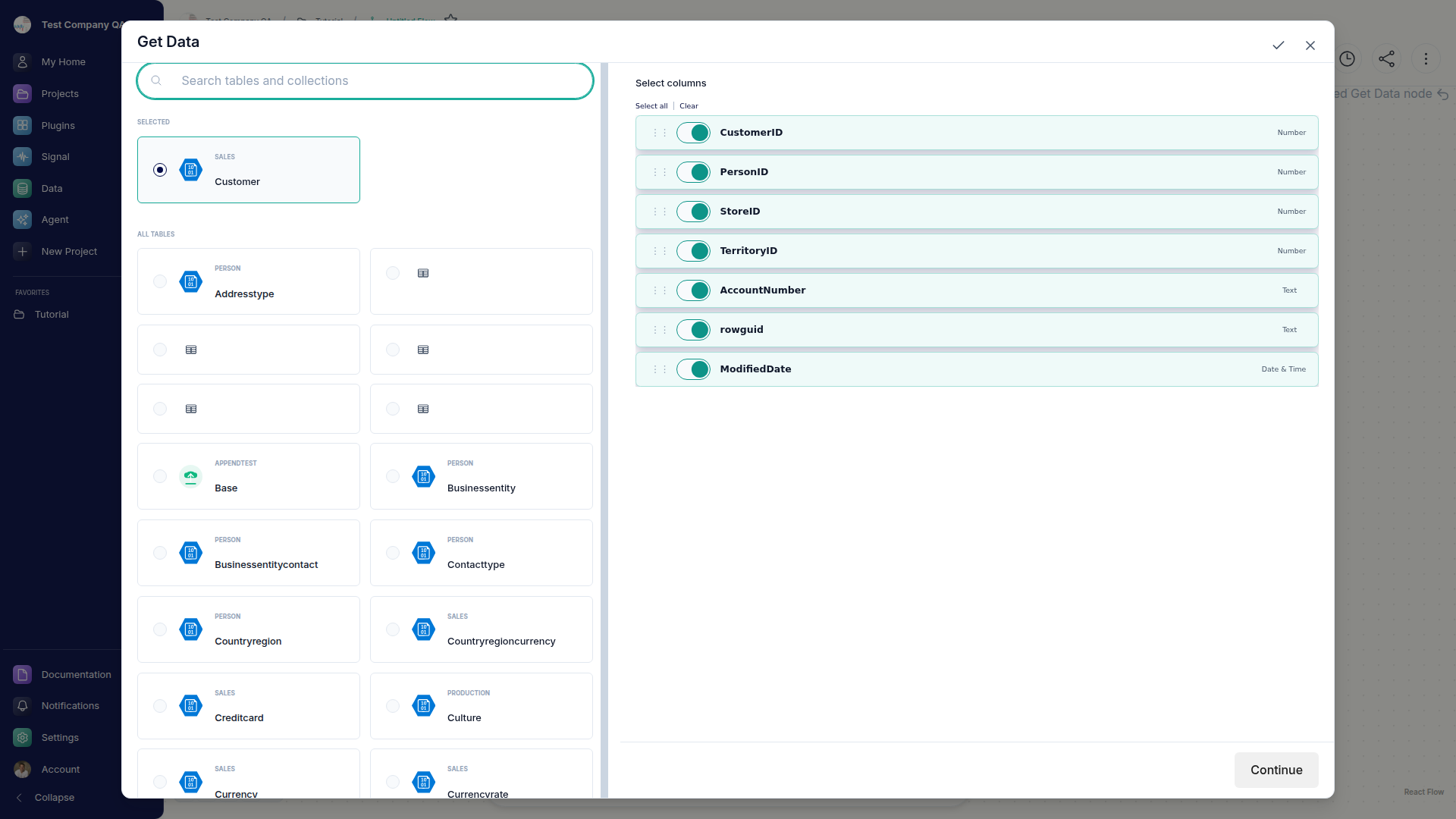The Get Data node modal with a searchable table picker on the left and a field selection list on the right.