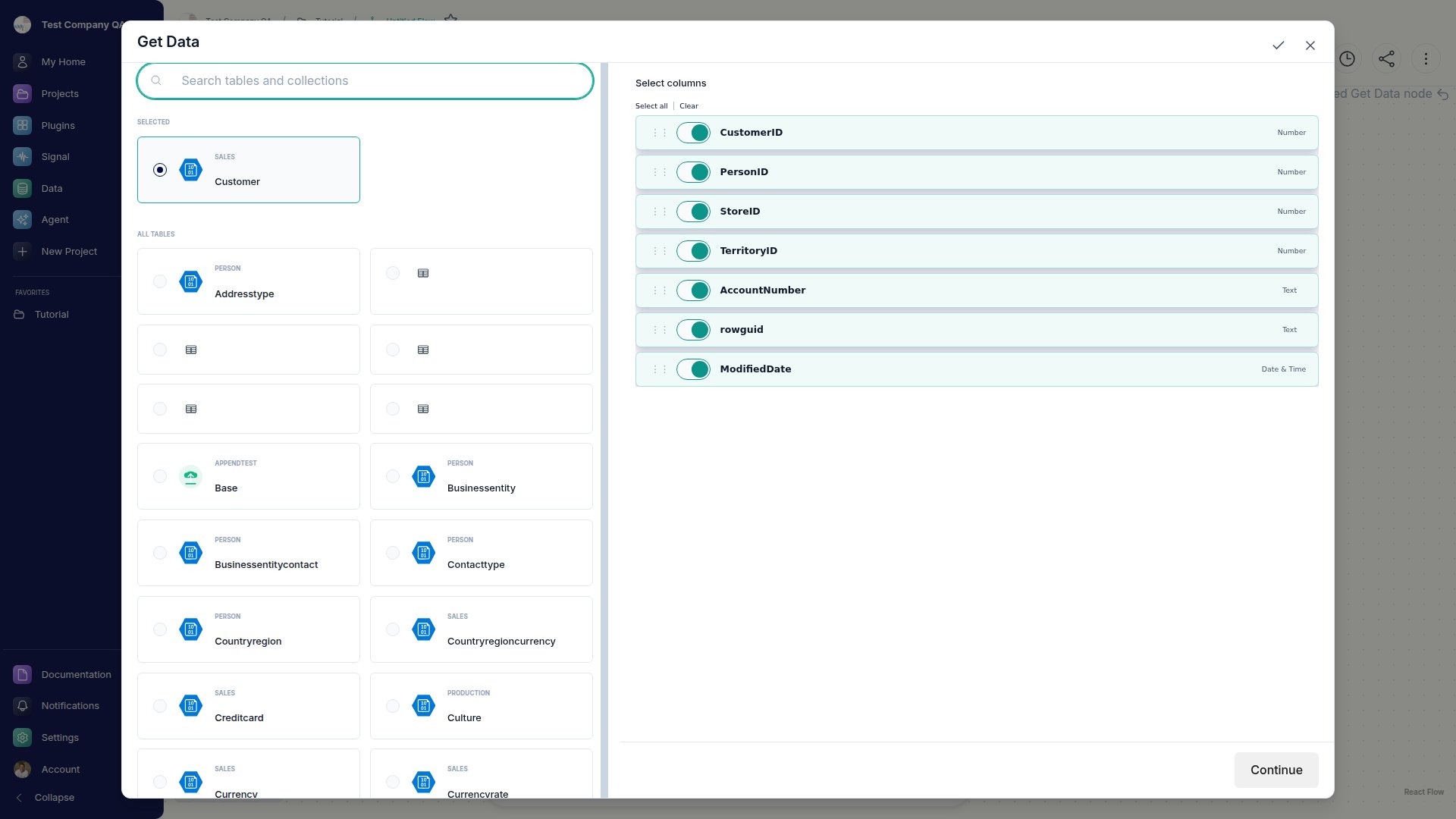 The Get Data node modal with a searchable table picker on the left and a field selection list on the right.