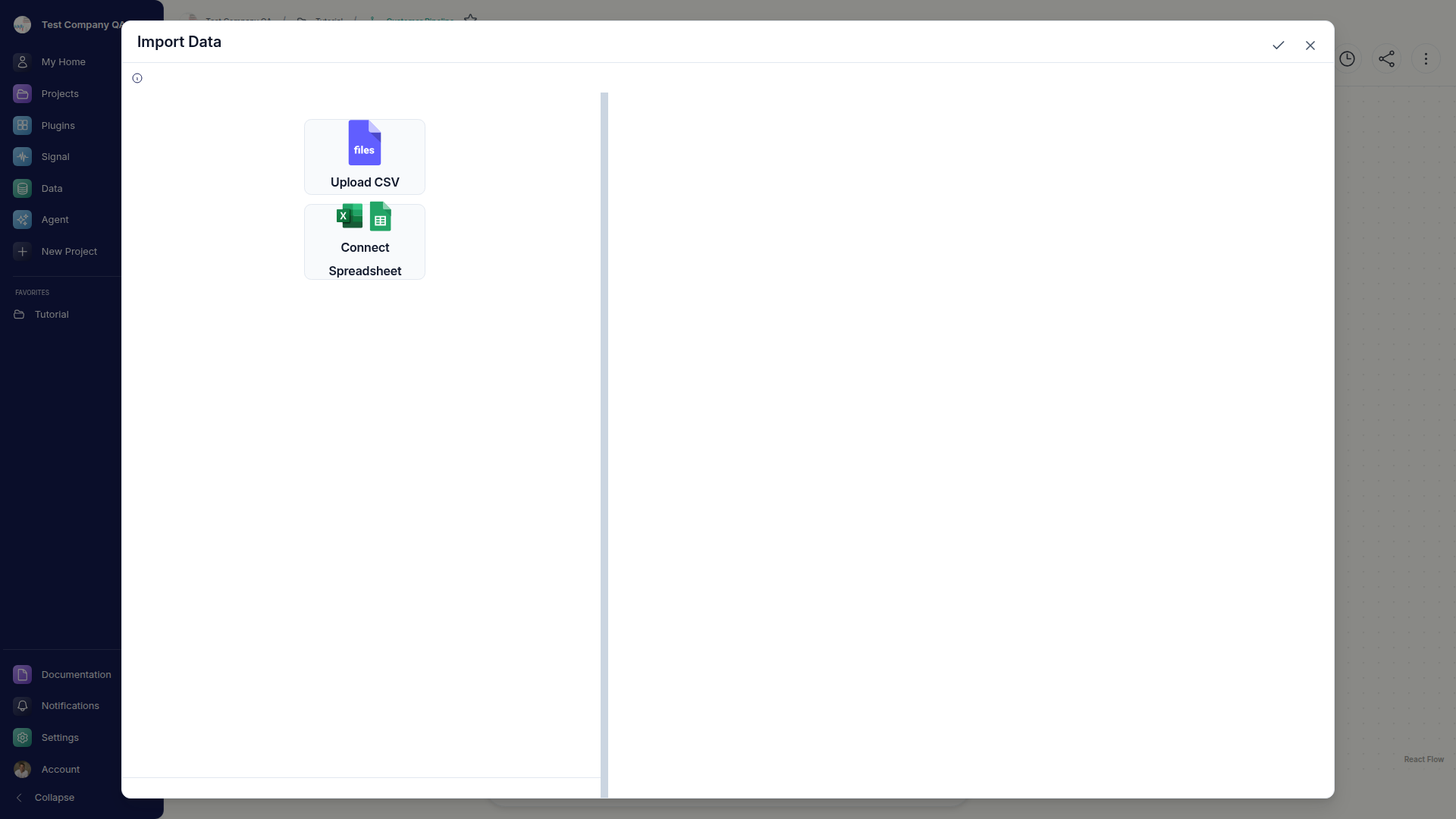 The Import Data node modal offering Upload CSV and Connect Spreadsheet options.
