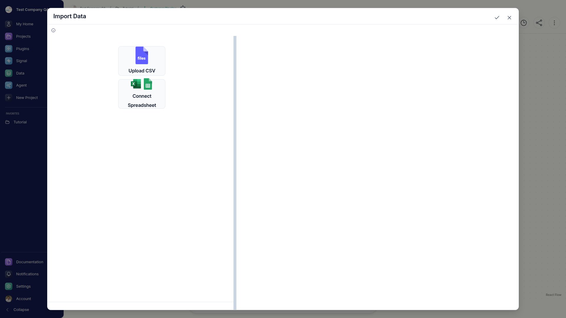 The Import Data node modal offering Upload CSV and Connect Spreadsheet options.