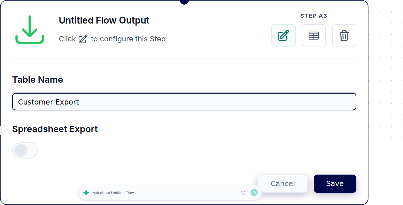 The Save Table node configuration with a Table Name field and a Spreadsheet Export toggle.