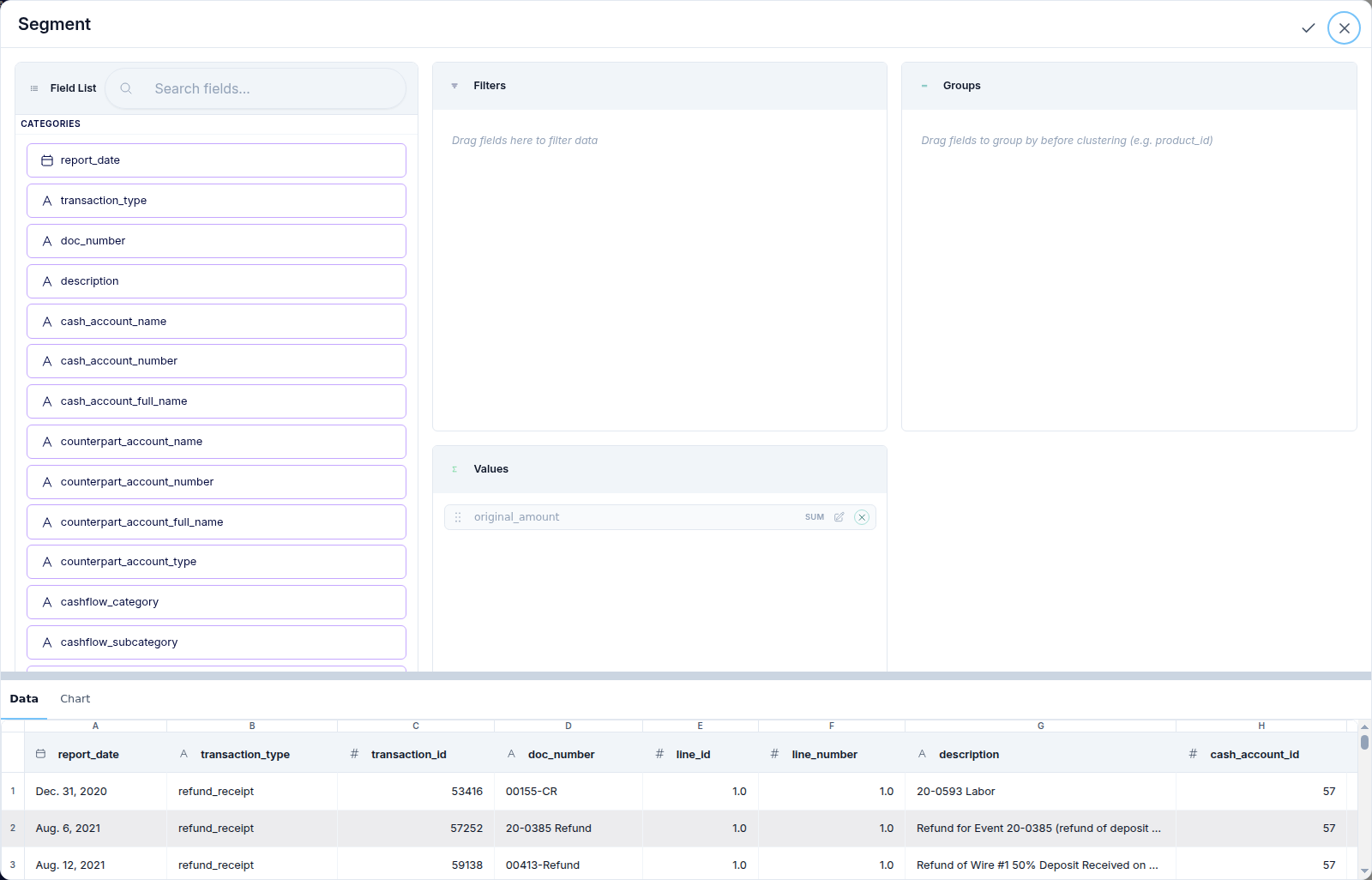 The Segment node configuration with a Field List and Filters, Groups, and Values buckets, showing a numeric feature in the Values bucket to cluster on.