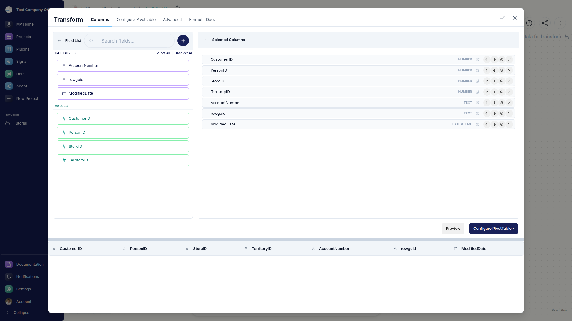 The Transform node modal on its Fields tab, with the field list on the left and selected fields on the right.