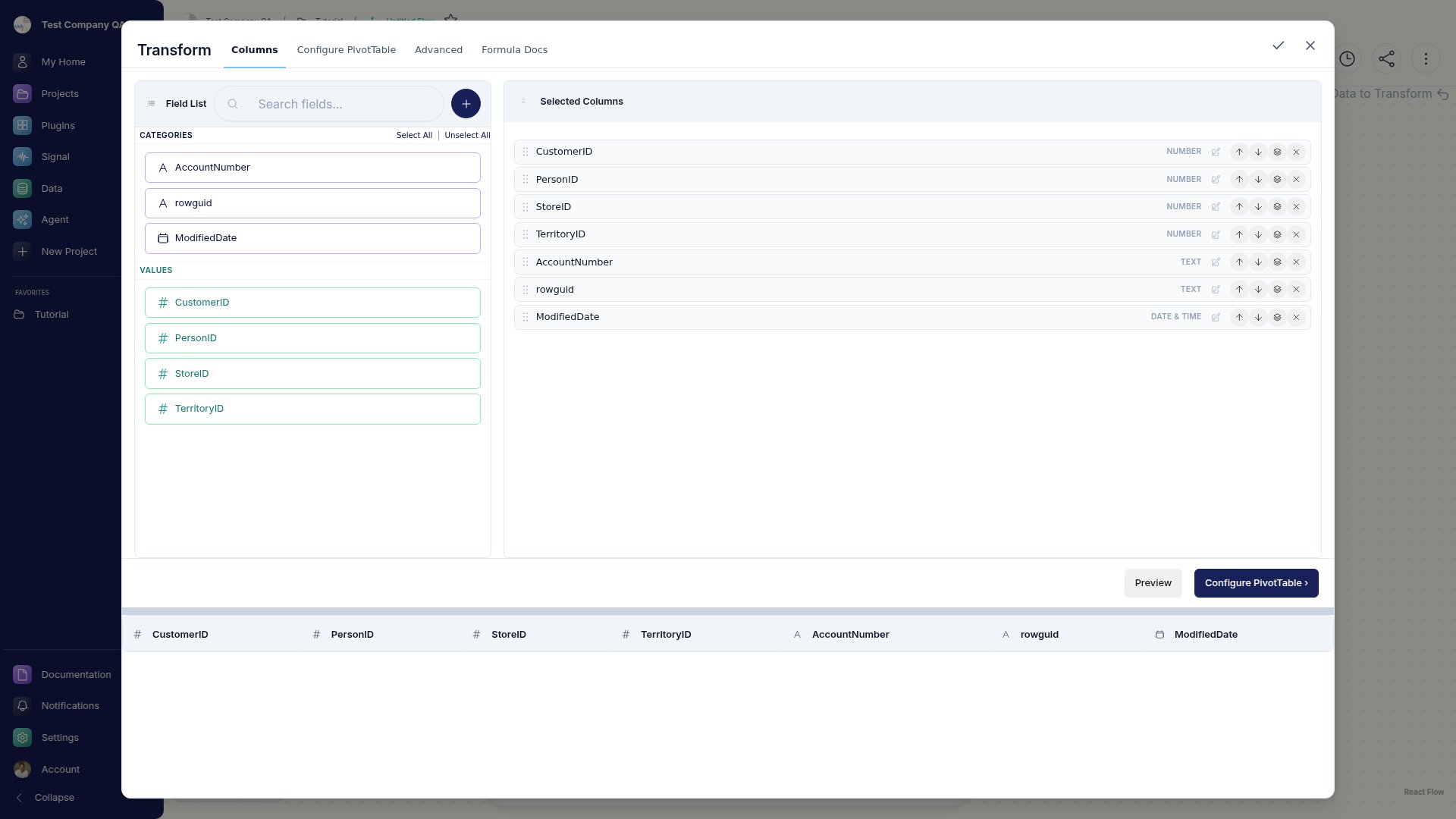 The Transform node modal on its Fields tab, with the field list on the left and selected fields on the right.