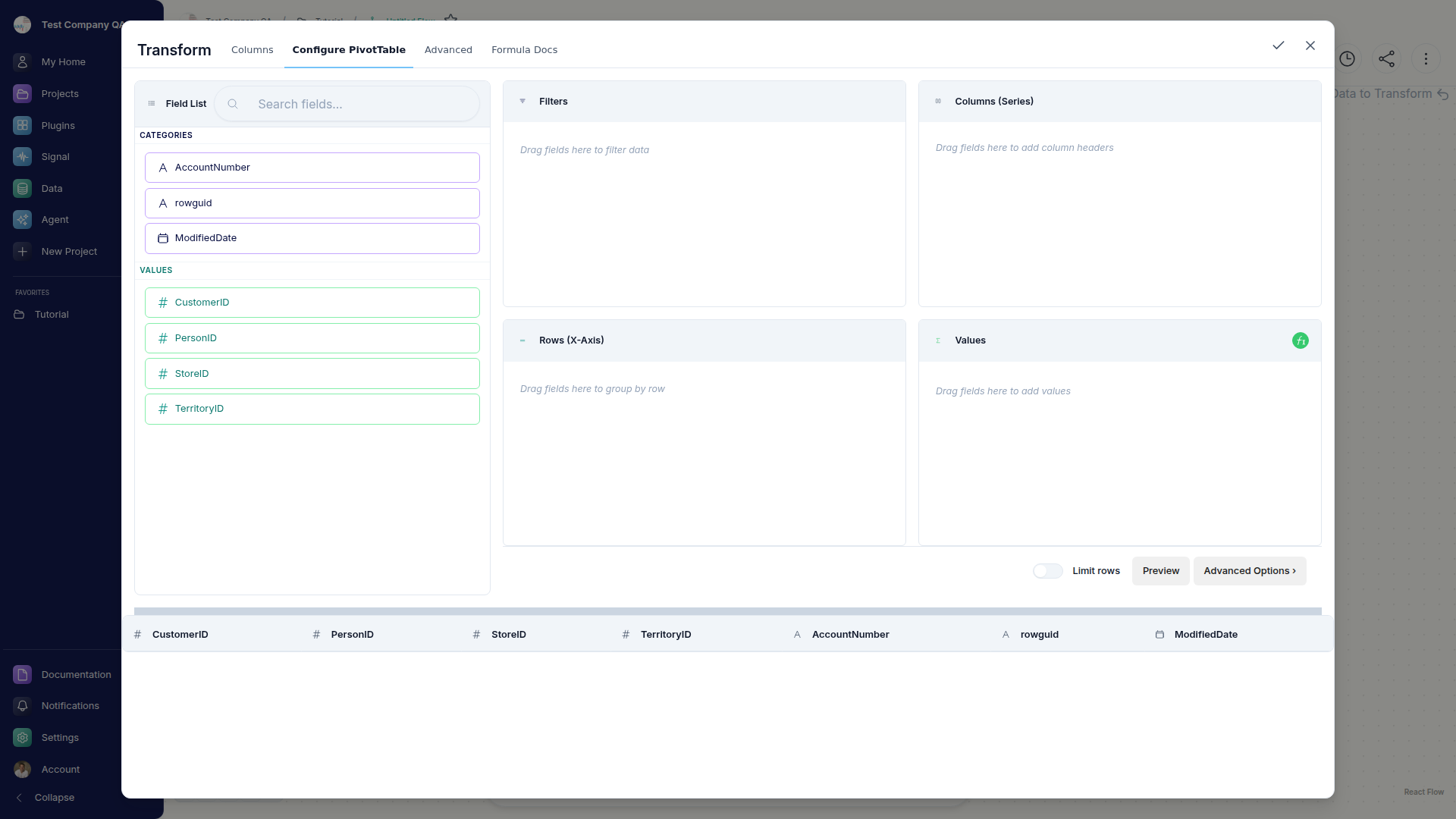 The Transform PivotTable tab with the Filters, Columns, Rows, and Values bucket grid and a draggable field list.