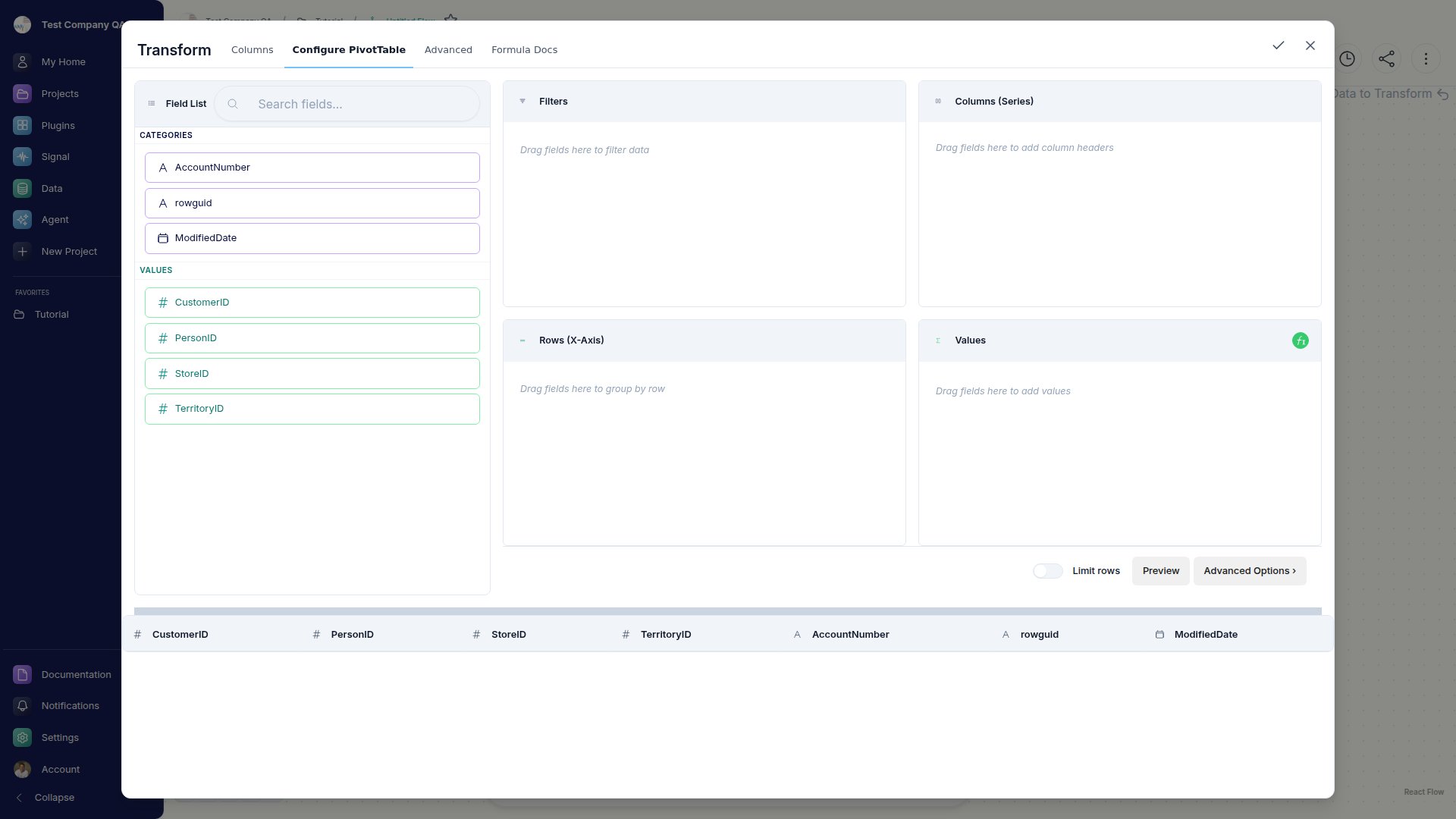 The Transform PivotTable tab with the Filters, Columns, Rows, and Values bucket grid and a draggable field list.