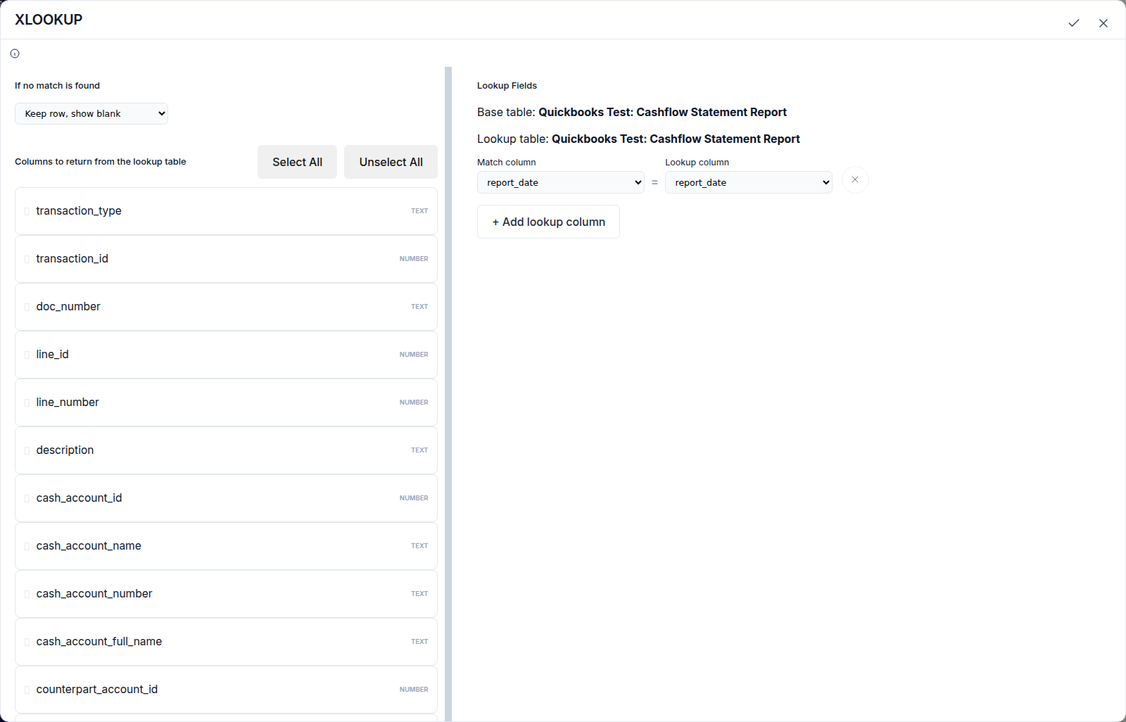 The XLOOKUP node configuration: an If no match is found selector, a list of fields to return from the lookup table, and the base and lookup tables with their match fields set equal.