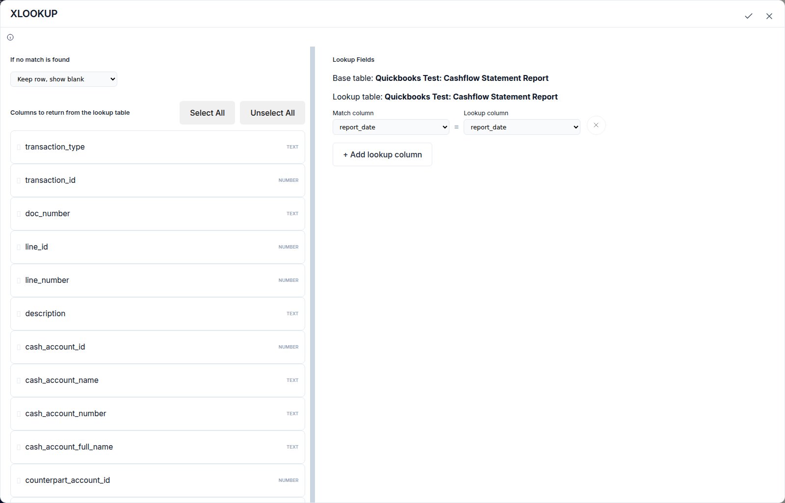 The XLOOKUP node configuration: an If no match is found selector, a list of fields to return from the lookup table, and the base and lookup tables with their match fields set equal.