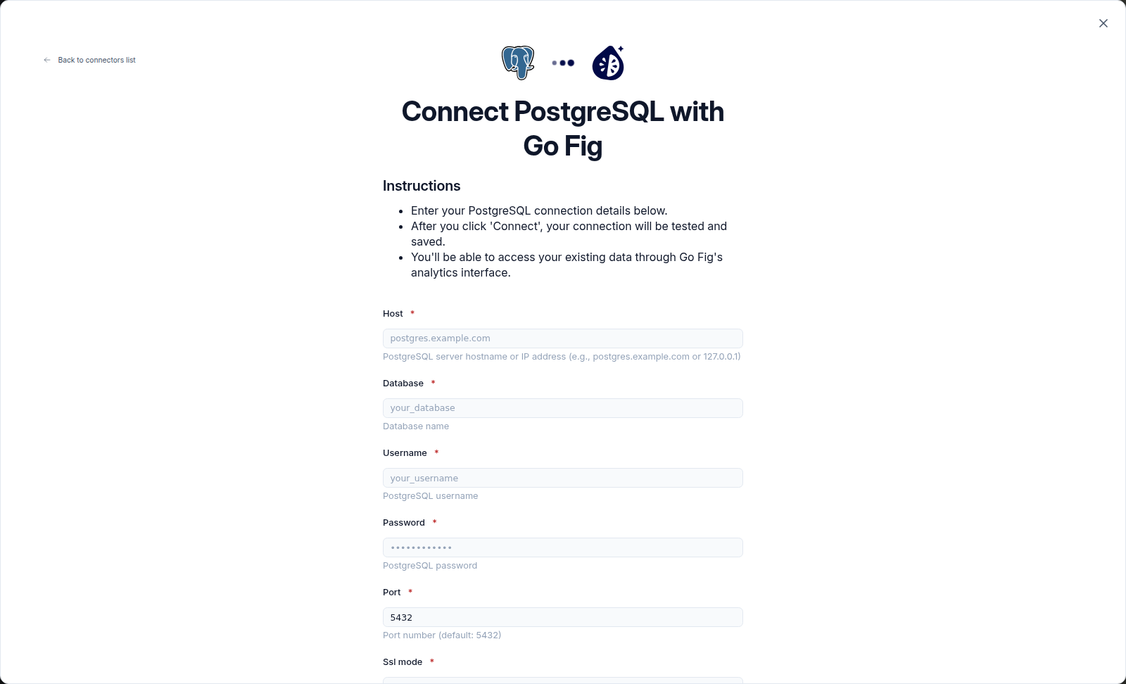 The PostgreSQL connection form with Host, Database, Username, Password, Port, and SSL Mode fields.