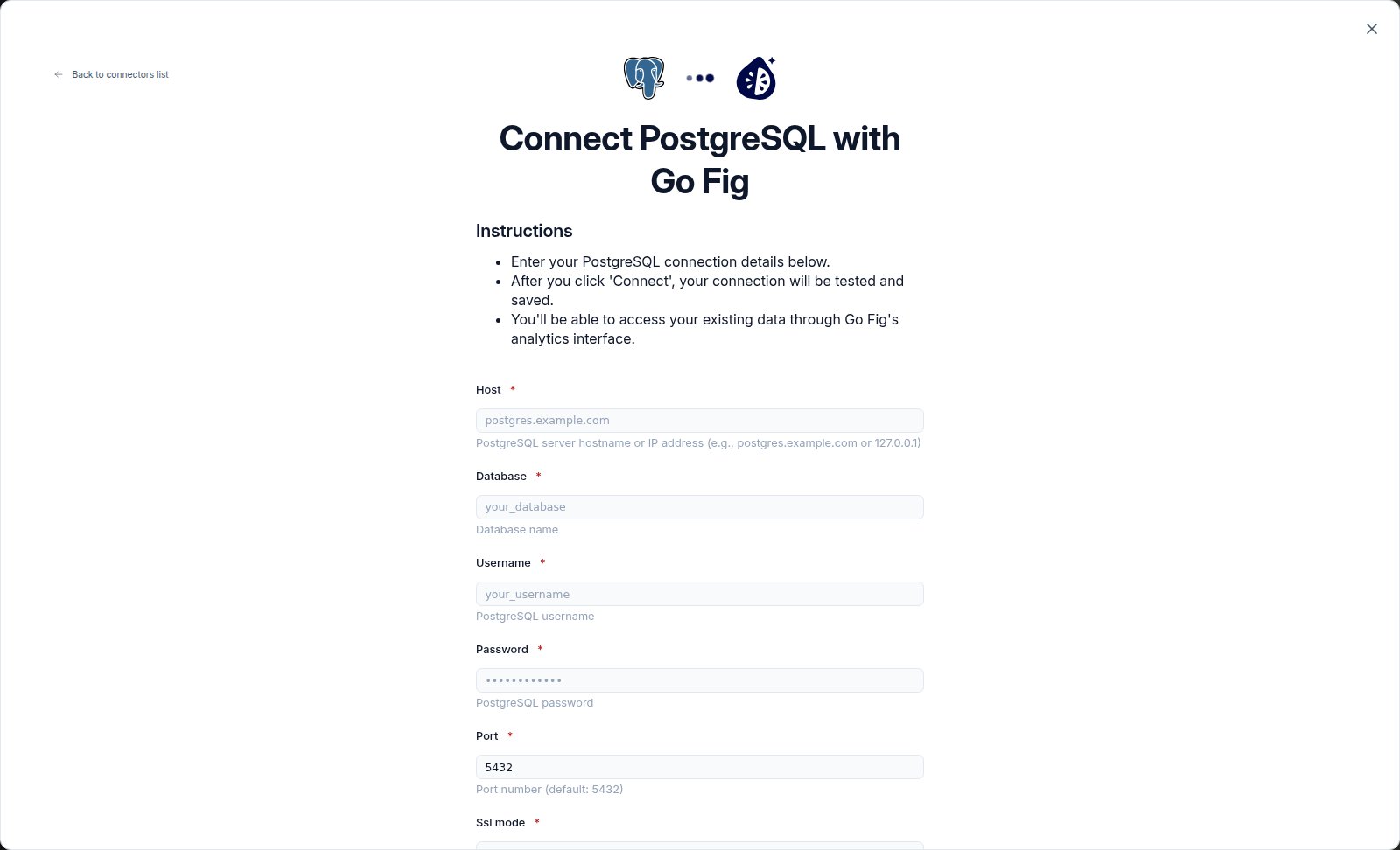 The PostgreSQL connection form with Host, Database, Username, Password, Port, and SSL Mode fields.