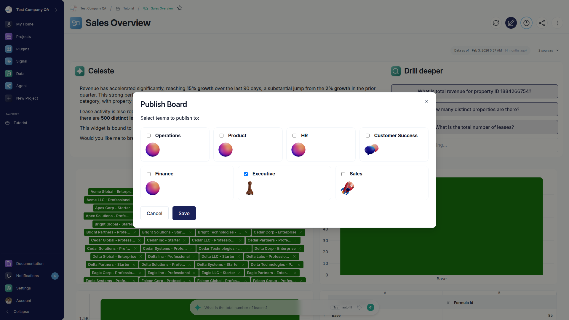 The Publish Board modal with checkboxes for each team to publish the dashboard to.