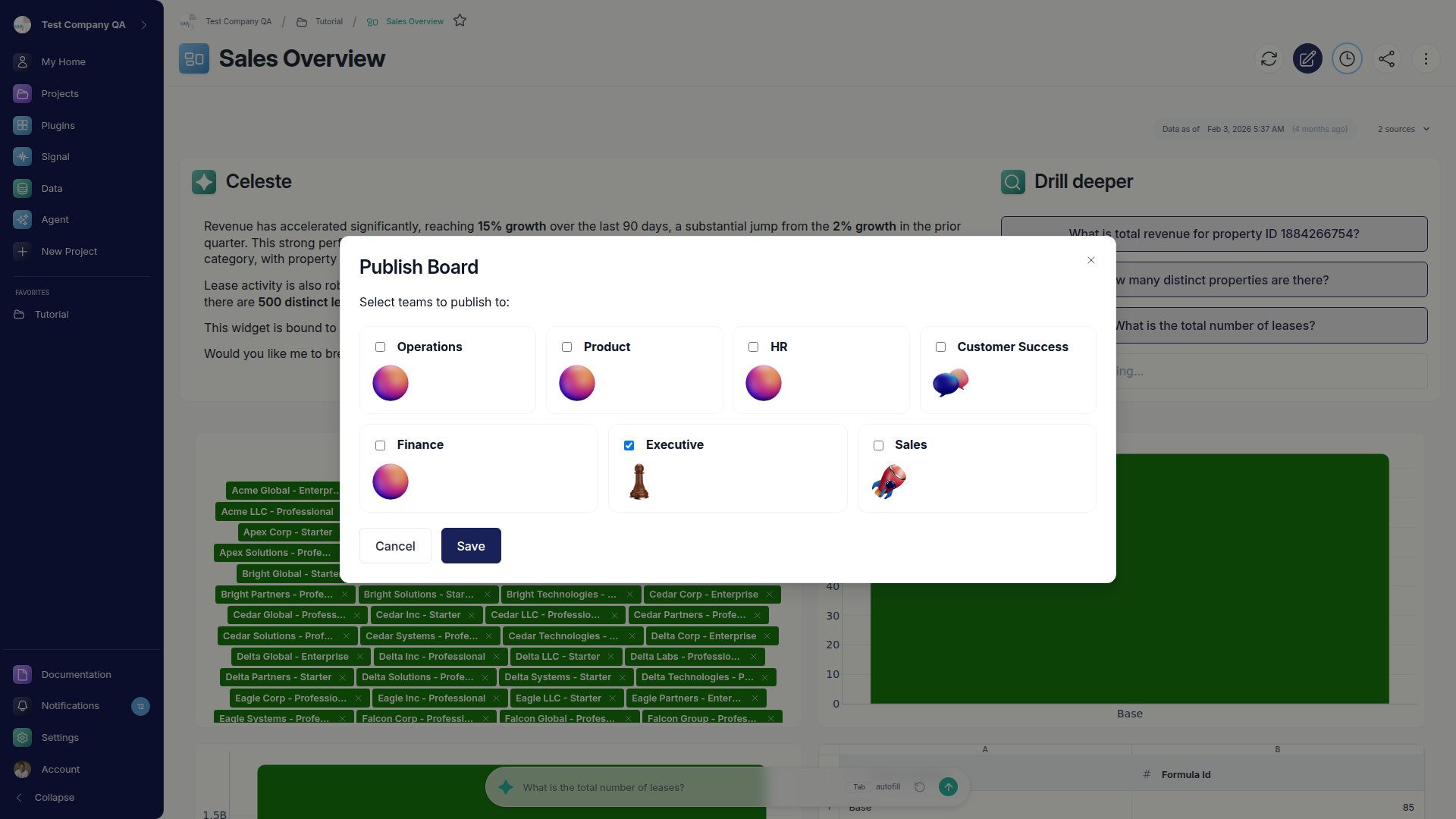 The Publish Board modal with checkboxes for each team to publish the dashboard to.
