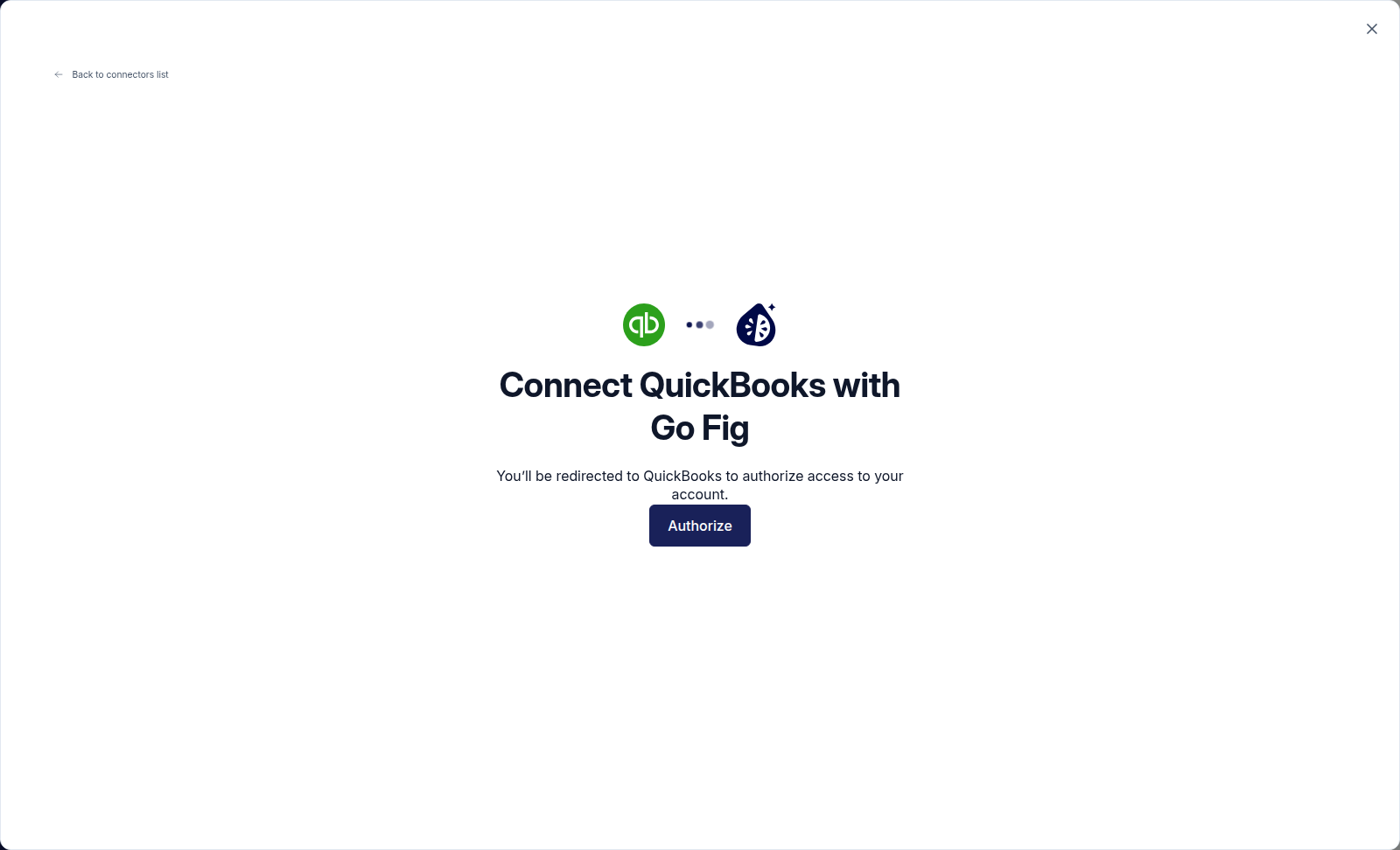 The QuickBooks connect screen with an Authorize button to redirect to QuickBooks for account access.